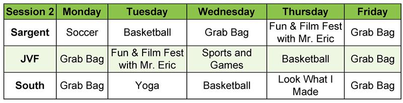 Session 2 activity schedule 